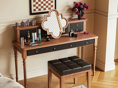 Elegant Wooden Dressing Table With Decorative Mirror Cosmetics And Black Padded Stool 3d model