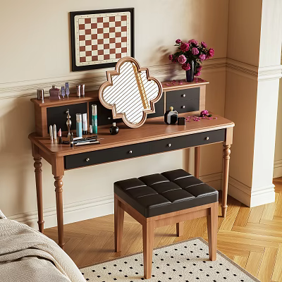 Elegant Wooden Dressing Table With Decorative Mirror Cosmetics And Black Padded Stool 3d model