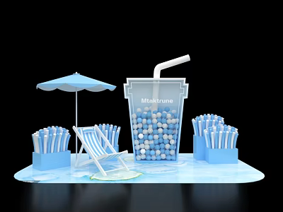 Summer Mixture Drink With Blue Umbrella Beach Chair And Straws 3d model