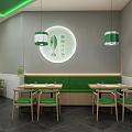 Modern Green And White Restaurant Interior With Pendant Lights Wooden Tables And Chairs