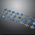 Small Blue Space Rockets Arranged in Cosmic Constellation with Yellow Details on Dark Background