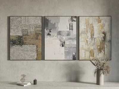 Three Framed Abstract Paintings In Neutral Tones With Decorative Shelf And Vase 3d model