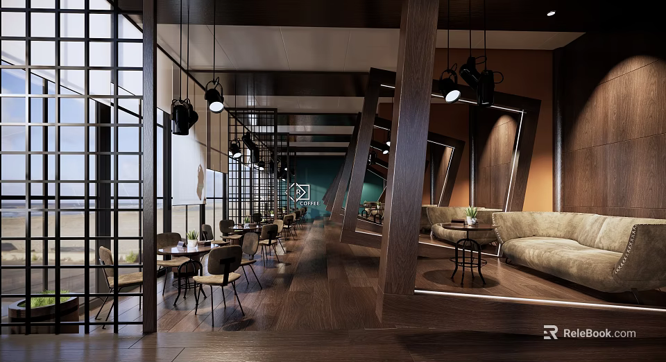 Modern Cafe Interior Design With Wooden Elements Hanging Lights Sofas And Dining Chairs 3d model 