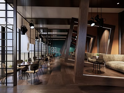 Modern Cafe Interior Design With Wooden Elements Hanging Lights Sofas And Dining Chairs 3d model
