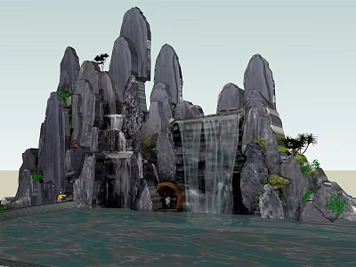 Garden Ornament Featuring Rock Formations Waterfall Small Plants Circular Archway And Water Area 3d model