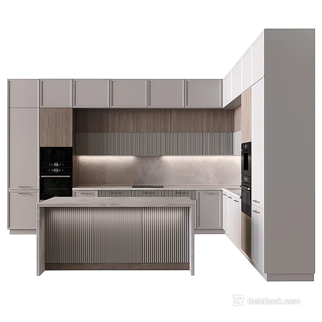 Modern Kitchen Interior Design With Light Cabinets Island Counter And Backsplash 3d model