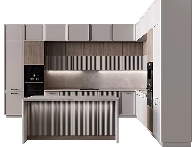 Modern Kitchen Interior Design With Light Cabinets Island Counter And Backsplash 3d model