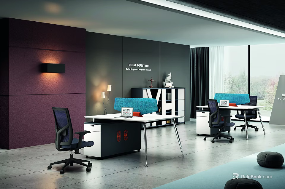 Modern Office Interior With Ergonomic Chairs Desks Bookshelves And Purple Walls 3d model 