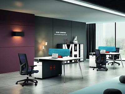 Modern Office Interior With Ergonomic Chairs Desks Bookshelves And Purple Walls 3d model