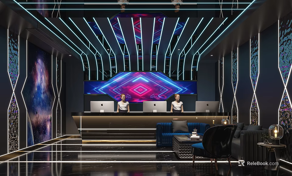 Modern KTV Interior Design With Neon Lights Reception Desk And Comfortable Sofa Seating 3d model