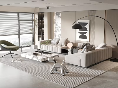 Modern Living Room Interior With Beige Sofas Green Accent Chair Arched Floor Lamp And Large Windows 3d model