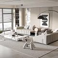 Modern Living Room Interior With Beige Sofas Green Accent Chair Arched Floor Lamp And Large Windows