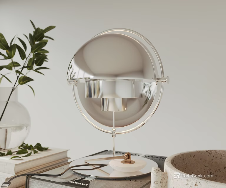 Modern Silver Metal Round Table Lamp Design With Green Plant And Books 3d model 
