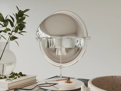 Modern Silver Metal Round Table Lamp Design With Green Plant And Books 3d model