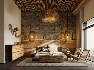 Natural Rustic Hotel Room Interior With Wooden Slat Ceiling Stone Wall And Rattan Furniture 3d model