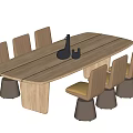 Wooden Oval Shaped Dining Table Set With Six Chairs Brown Legs And Decorative Items