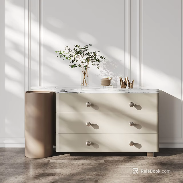 Modern Entryway Side Cabinet With Marble Top Beige Drawers And Green Plant Decorations 3d model 