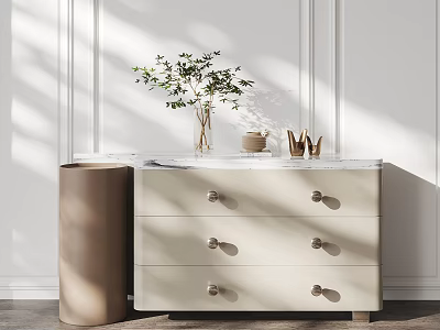 Modern Entryway Side Cabinet With Marble Top Beige Drawers And Green Plant Decorations 3d model