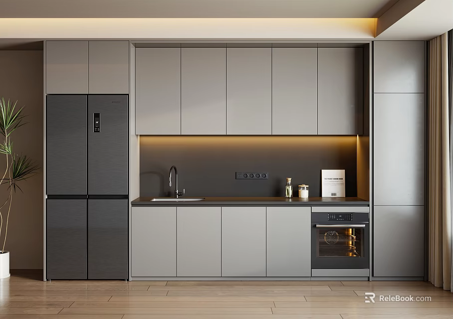 Modern Kitchen Sideboard With Gray Cabinets Sink Oven And Warm Lighting 3d model 
