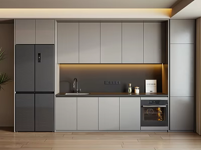Modern Kitchen Sideboard With Gray Cabinets Sink Oven And Warm Lighting 3d model