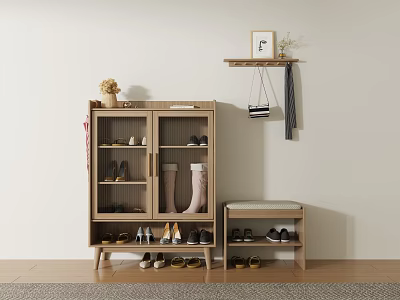 Modern Wooden Shoe Cabinet With Open Shelves Bench Picture Frame And Flower Vase 3d model