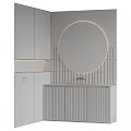Modern Minimalist Bathroom Vanity With Round Backlit Mirror And Vertical Tile Wall 3d model