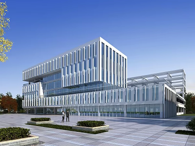 Modern Office Building Exterior Design With Glass Curtain Wall Metal Structure Plaza Greenery And People 3d model