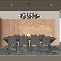 Modern Restaurant Interior With Long Dining Table Black Chairs Pendant Light And Artistic Wall Decor