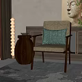 Accent Chair With Green Cushion Wooden Stool And Decorative Painting In Living Room Interior