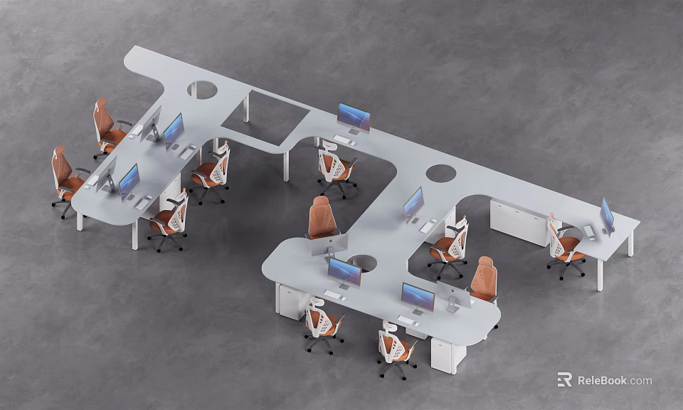 Modern Office Desk Modular Layout With Multiple Workstations Computers And Ergonomic Chairs 3d model 