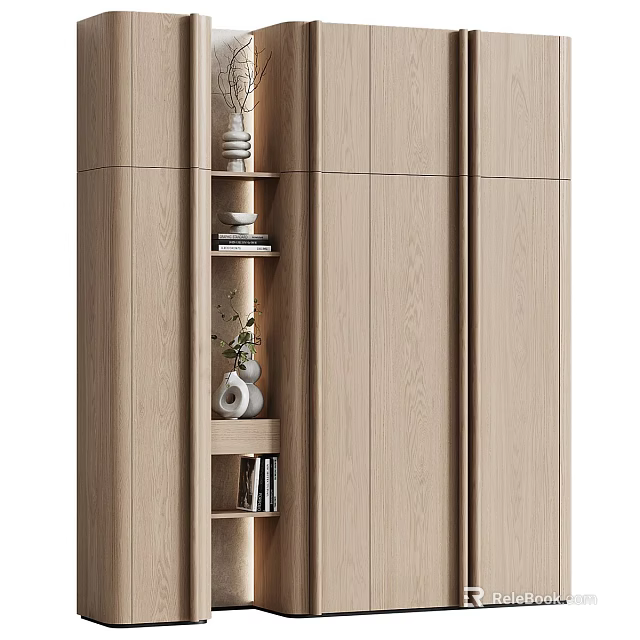 Modern Entryway Side Cabinet With Natural Wood Finish Storage Shelves Decorative Items And Books 3d model 