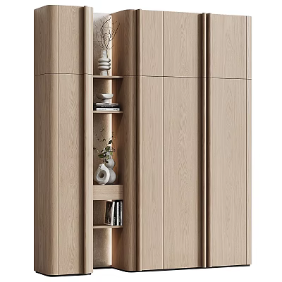 Modern Entryway Side Cabinet With Natural Wood Finish Storage Shelves Decorative Items And Books 3d model
