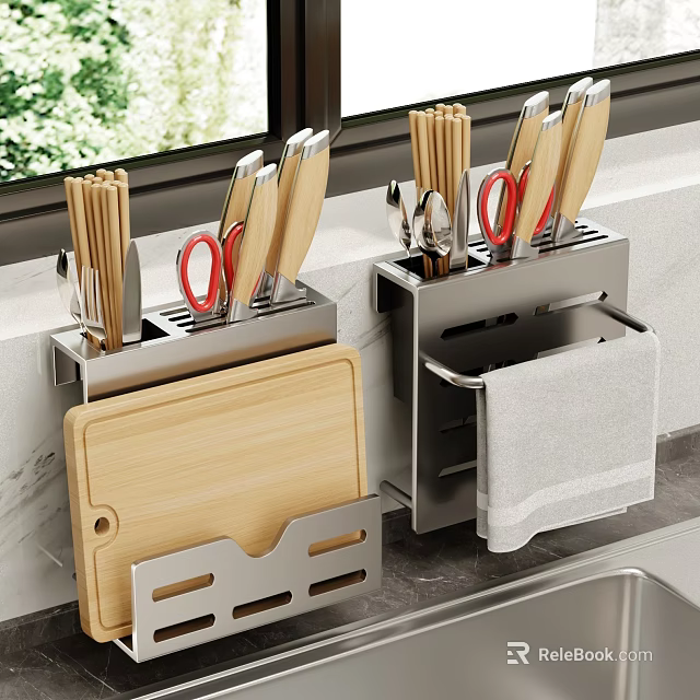 Kitchen Utensil Storage Rack With Knives Chopsticks Red Scissors Wooden Cutting Board And Towel 3d model 