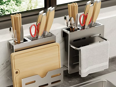 Kitchen Utensil Storage Rack With Knives Chopsticks Red Scissors Wooden Cutting Board And Towel 3d model