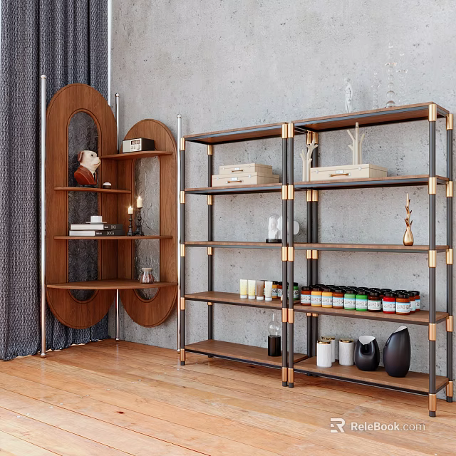 Modern Wooden Metal Display Shelves with Decorative Items and Storage in Living Room Interior 3d model 