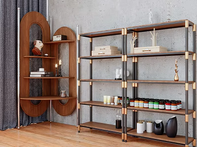 Modern Wooden Metal Display Shelves with Decorative Items and Storage in Living Room Interior 3d model