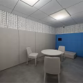 Minimalist Lounge Area Interior With White Table Chairs Blue Wall And Perforated Panels