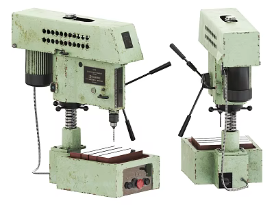 Industrial Drill Press Equipment With Green Body Mechanical Base And Control Panels 3d model