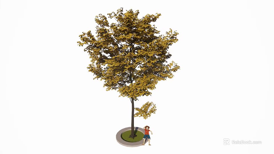 Autumn Tree with Yellow Leaves and Person Standing Under Circular Planter 3d model 