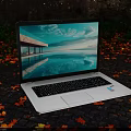 Sleek Silver Laptop with Scenic Water Pool and Architectural Landscape