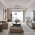 Modern Living and Dining Room Interior With Beige Sofa Coffee Table Artwork And Floor Lamp