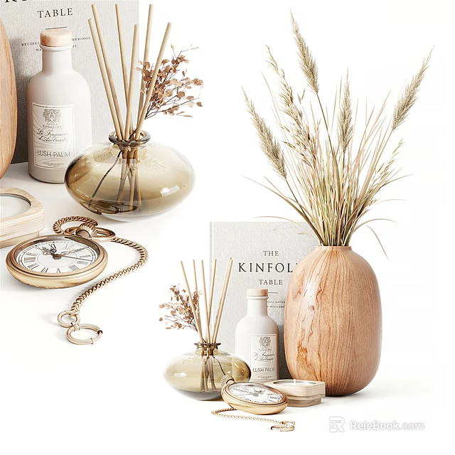 Decorative Ornaments Set with Wooden Glass Vases Dried Flowers Diffusers Vintage Watch Candles and Book 3d model 