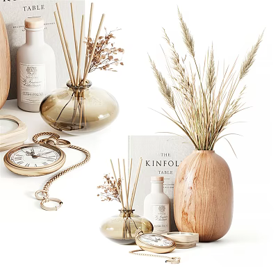 Decorative Ornaments Set with Wooden Glass Vases Dried Flowers Diffusers Vintage Watch Candles and Book 3d model