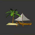 Small Tropical Island With Sand Palm Tree Wooden Boat And Blue Water