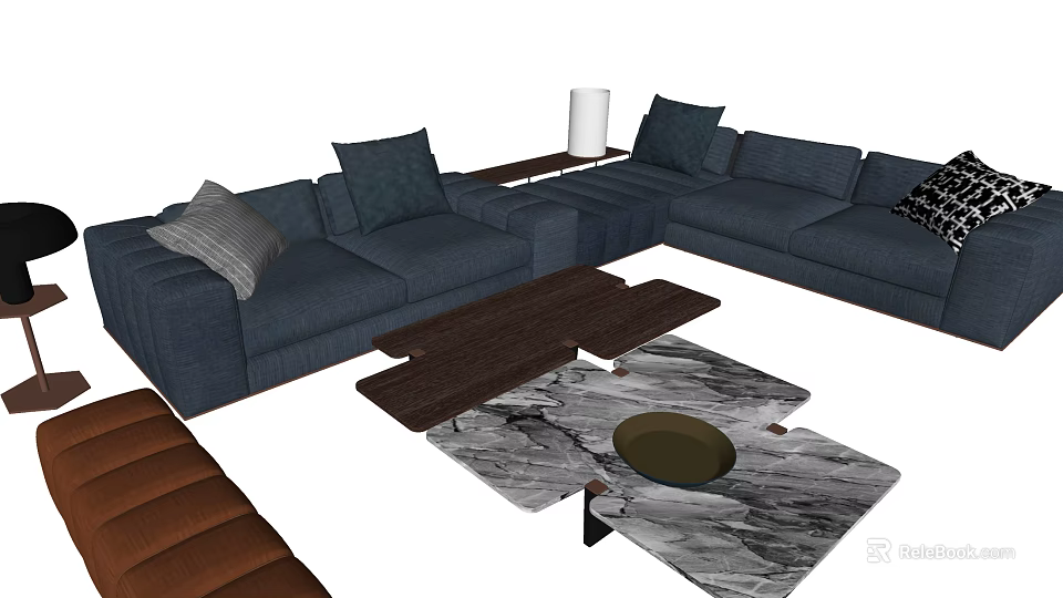 Blue Corner Sofa With Throw Pillows And Modular Wooden Marble Top Coffee Table Set 3d model