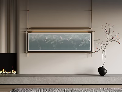 Modern Living Room With Fireplace Scroll Painting Black Vase And Twig Decoration 3d model