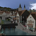 Aerial Planning of Resort Town with European Architecture River Bridge and Green Spaces
