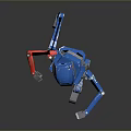 Blue Mechanical Robot Character With Red Arm Standing On Dark Reflective Surface