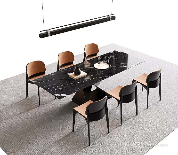 Modern Rectangular Black Marble Dining Table With Brown Backrest Black Frame Chairs And Hanging Light 3d model