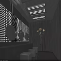 Bar Interior With Perforated Wall Circular Mirrors Red Lit Ceiling Black Counter And White Stools